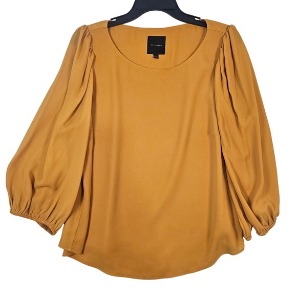 Alex Marie Tops - Alex Marie Mustard Yellow Pleated Puff Sleeve Blouse Crew Neck Top Large